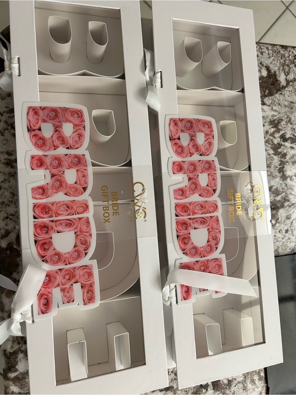 2 White Bride Gift Boxes with Pink Floral 'BRIDE' Accent